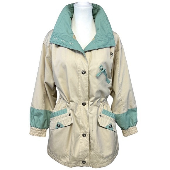 Vintage Multi Pocket Cinch Waist Cream Green Utility Parka Jacket Current Seen S - Picture 1 of 16